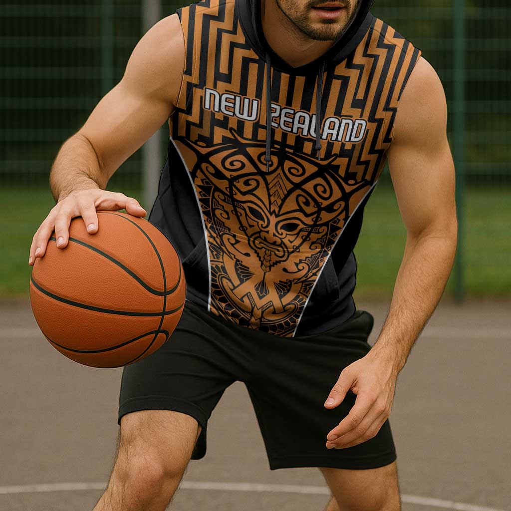 Custom Basketball New Zealand Sleeveless Hoodie Gold Maori Ta Moko Indigenous - Polynesian Pride
