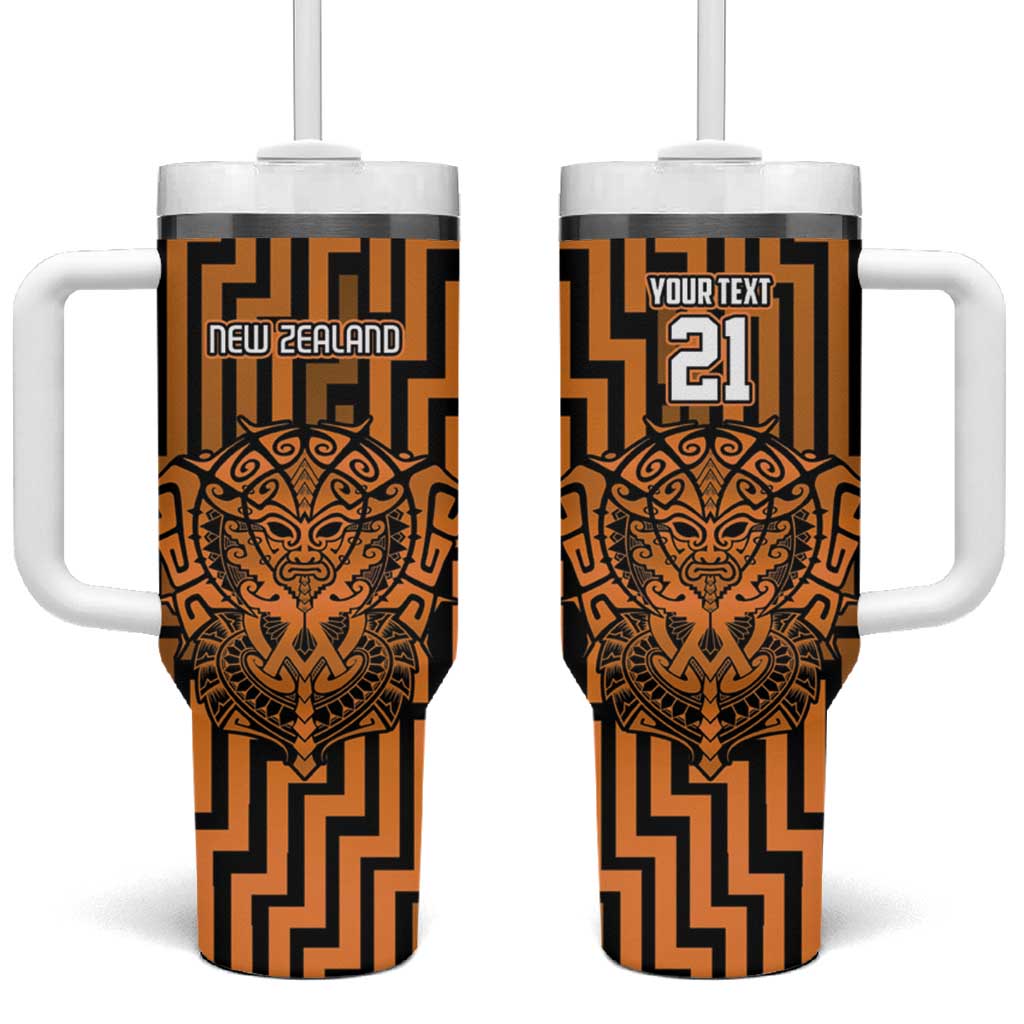 Custom Basketball New Zealand Tumbler With Handle Gold Maori Ta Moko Indigenous - Polynesian Pride