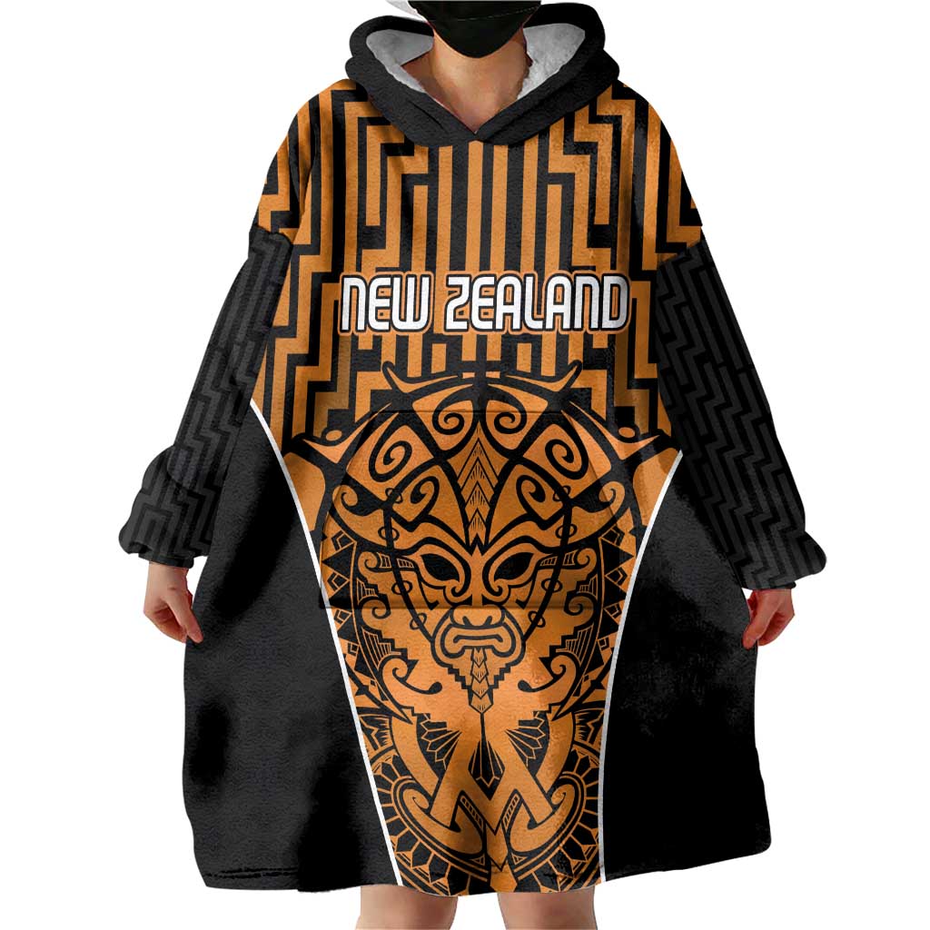 Custom Basketball New Zealand Wearable Blanket Hoodie Gold Maori Ta Moko Indigenous - Polynesian Pride