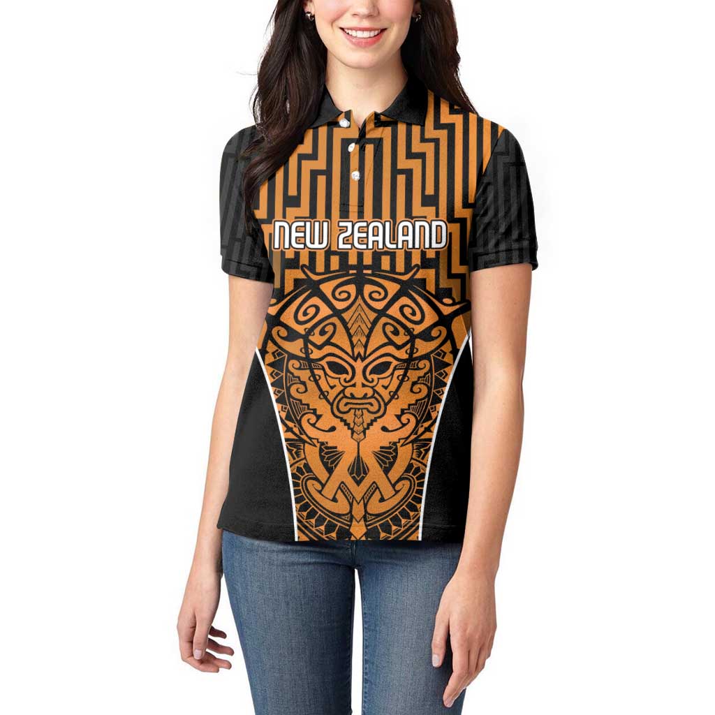 Custom Basketball New Zealand Women Polo Shirt Gold Maori Ta Moko Indigenous - Polynesian Pride