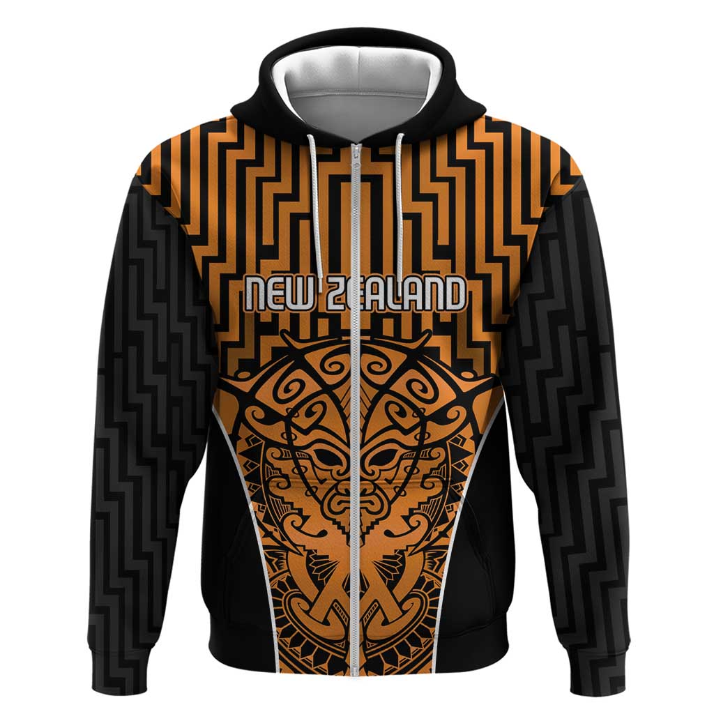 Custom Basketball New Zealand Zip Hoodie Gold Maori Ta Moko Indigenous - Polynesian Pride