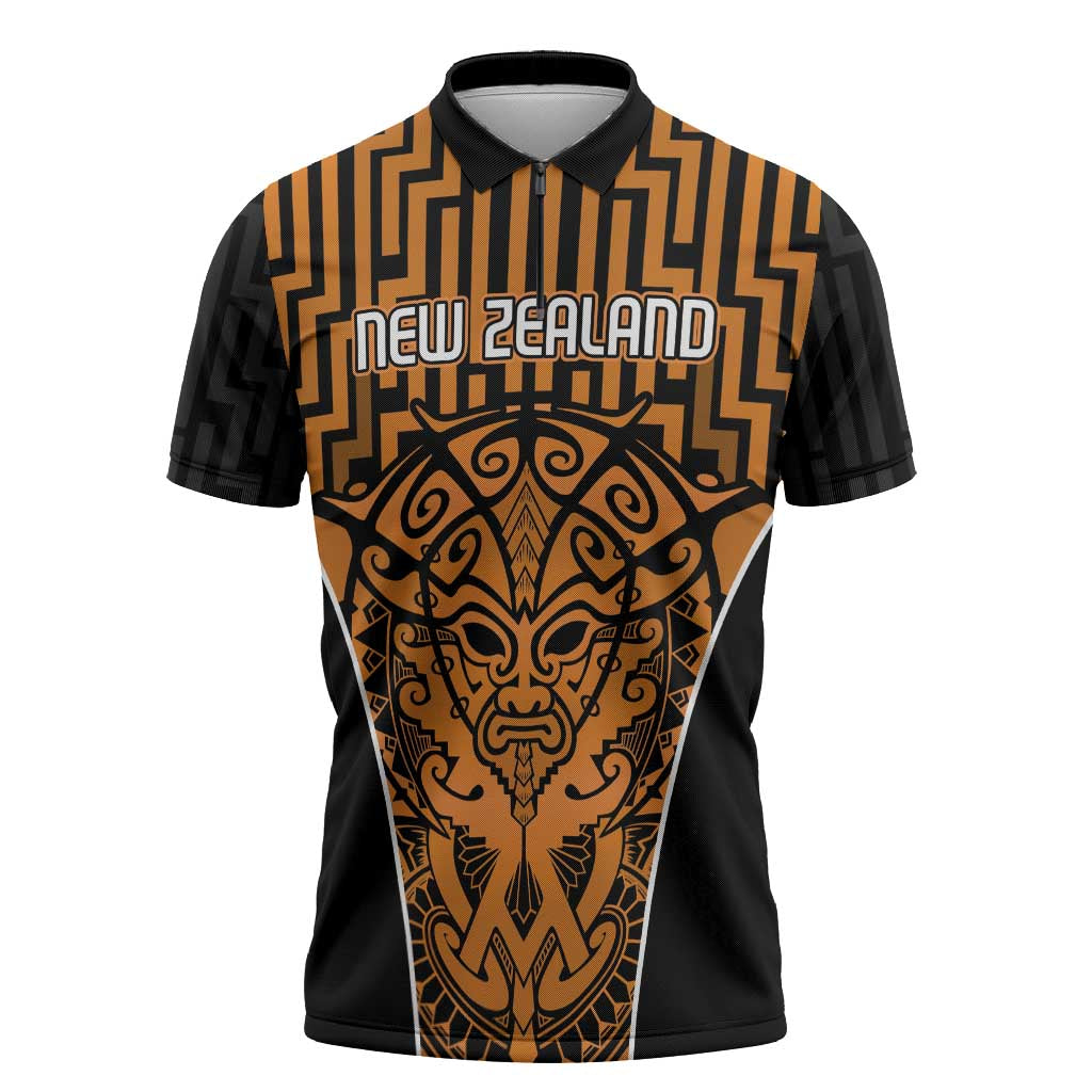 Custom Basketball New Zealand Zipper Polo Shirt Gold Maori Ta Moko Indigenous - Polynesian Pride