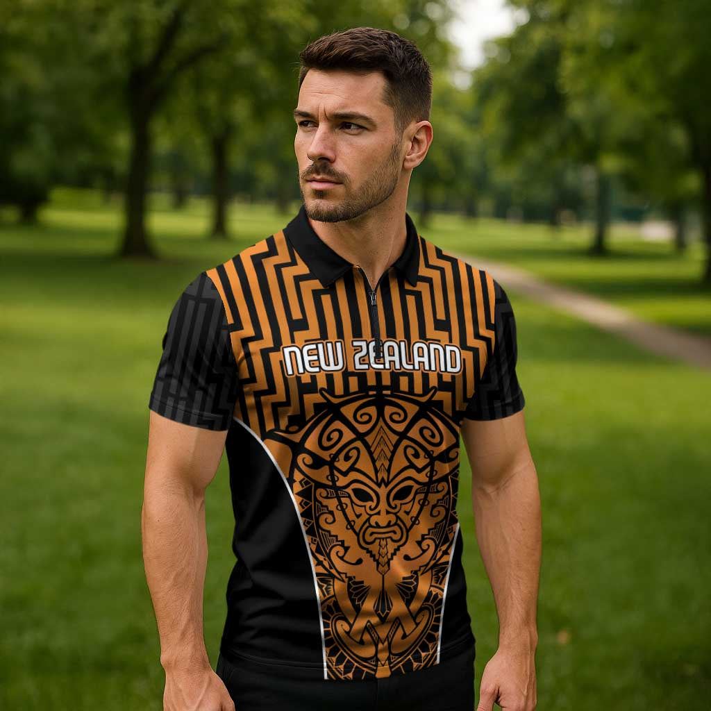 Custom Basketball New Zealand Zipper Polo Shirt Gold Maori Ta Moko Indigenous - Polynesian Pride
