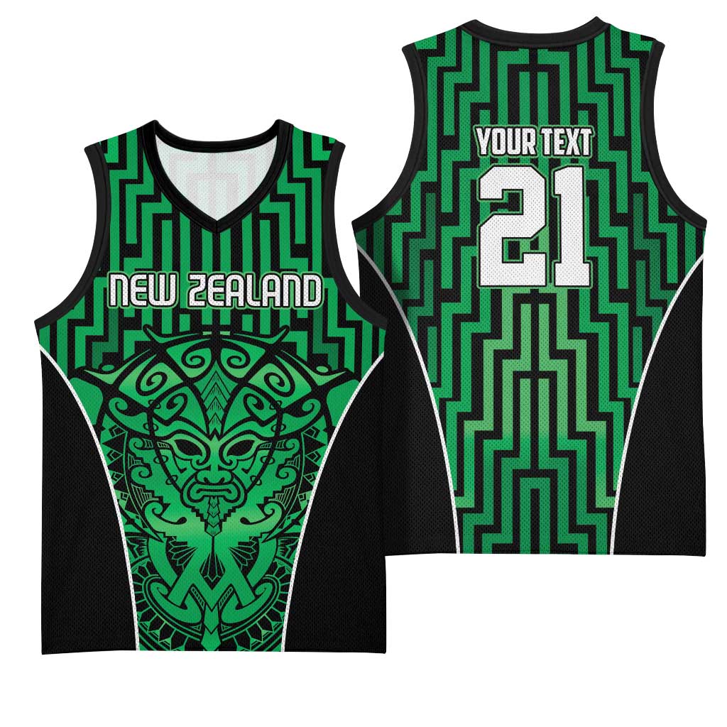 Custom Basketball New Zealand Basketball Jersey Green Maori Ta Moko Indigenous - Polynesian Pride