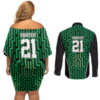 Custom Basketball New Zealand Couples Matching Off Shoulder Short Dress and Long Sleeve Button Shirt Green Maori Ta Moko Indigenous - Polynesian Pride