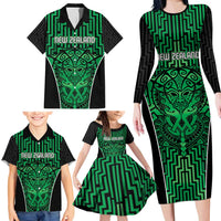 Custom Basketball New Zealand Family Matching Long Sleeve Bodycon Dress and Hawaiian Shirt Green Maori Ta Moko Indigenous - Polynesian Pride