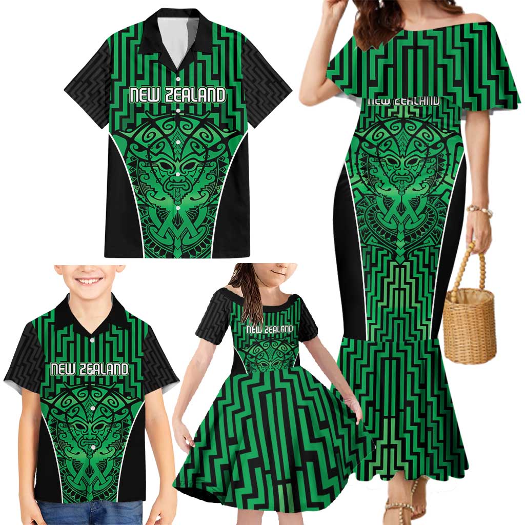 Custom Basketball New Zealand Family Matching Mermaid Dress and Hawaiian Shirt Green Maori Ta Moko Indigenous - Polynesian Pride
