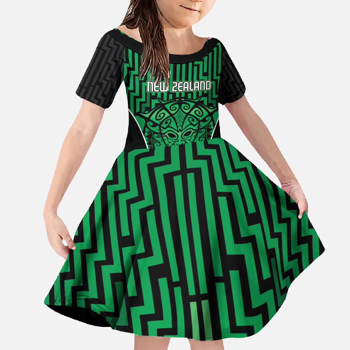 Custom Basketball New Zealand Family Matching Off The Shoulder Long Sleeve Dress and Hawaiian Shirt Green Maori Ta Moko Indigenous - Polynesian Pride