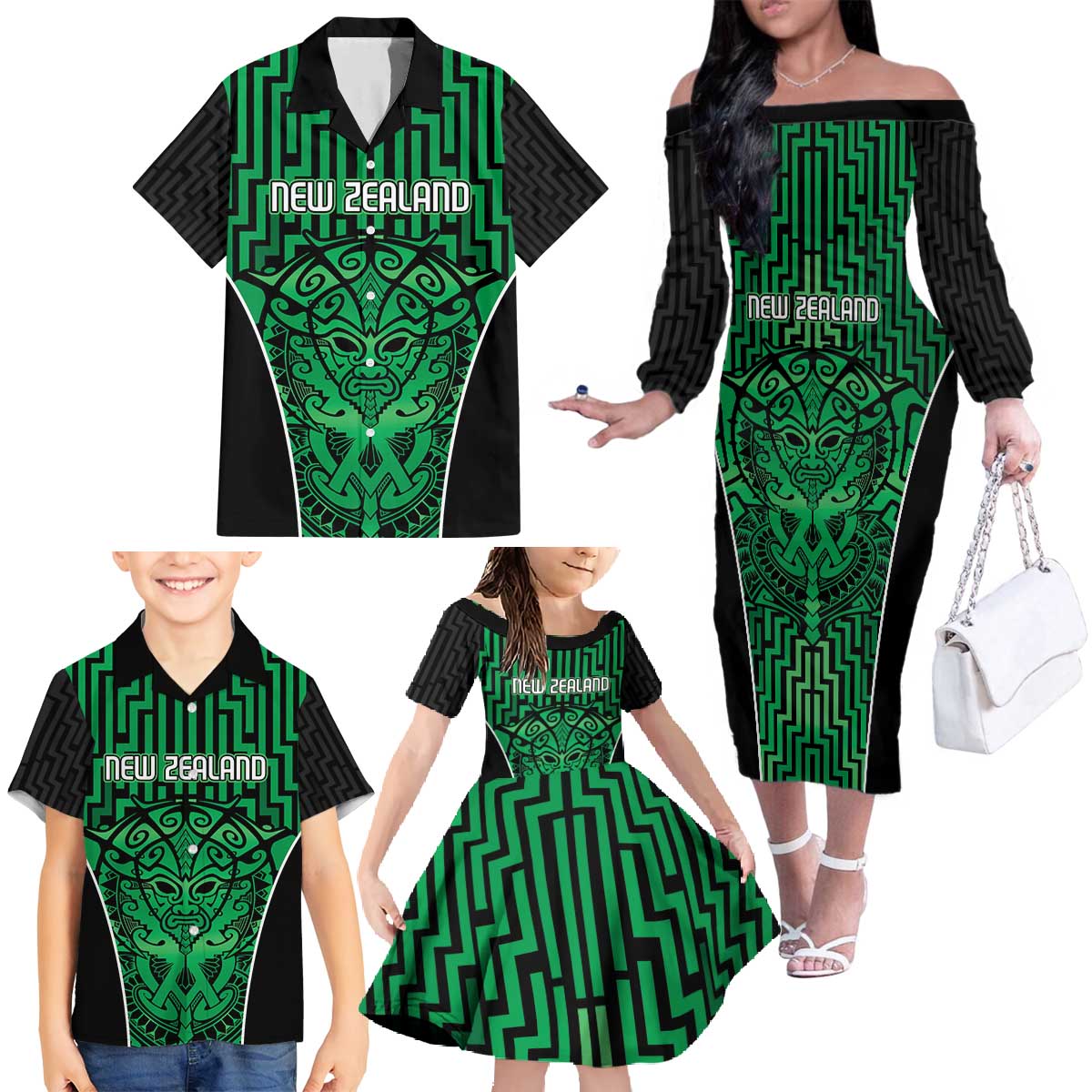 Custom Basketball New Zealand Family Matching Off The Shoulder Long Sleeve Dress and Hawaiian Shirt Green Maori Ta Moko Indigenous - Polynesian Pride