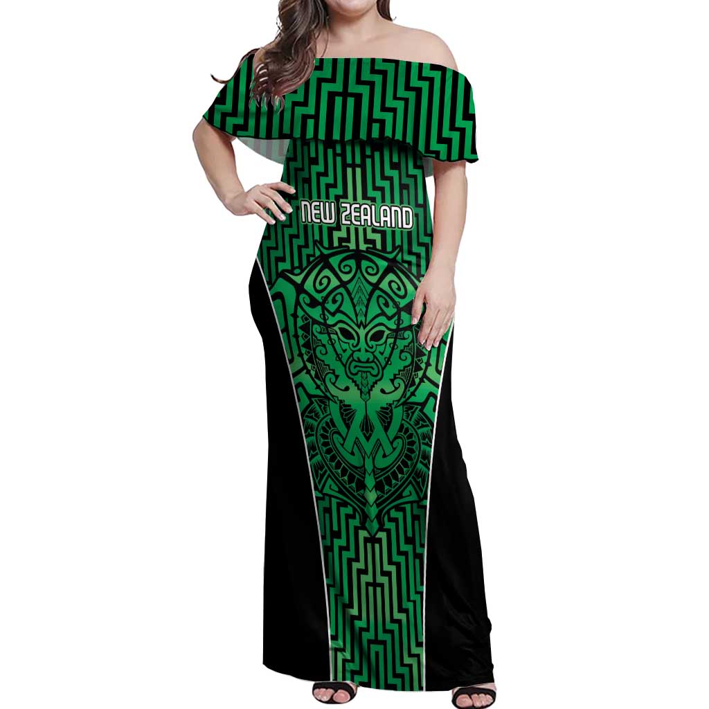 Custom Basketball New Zealand Off Shoulder Maxi Dress Green Maori Ta Moko Indigenous - Polynesian Pride