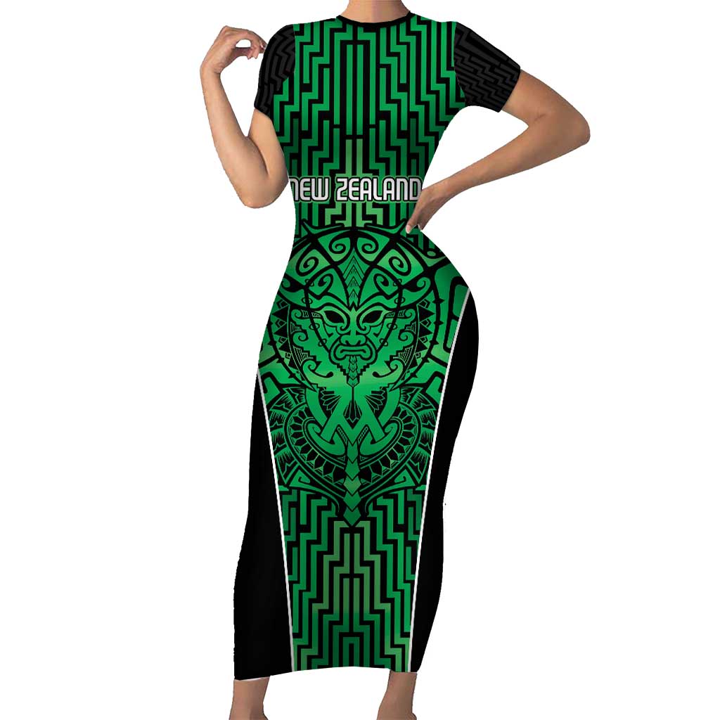 Custom Basketball New Zealand Short Sleeve Bodycon Dress Green Maori Ta Moko Indigenous - Polynesian Pride
