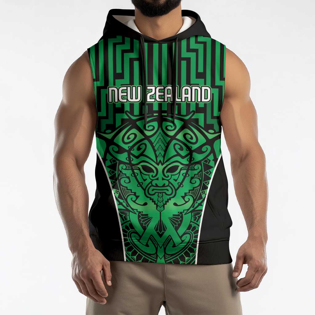 Custom Basketball New Zealand Sleeveless Hoodie Green Maori Ta Moko Indigenous - Polynesian Pride