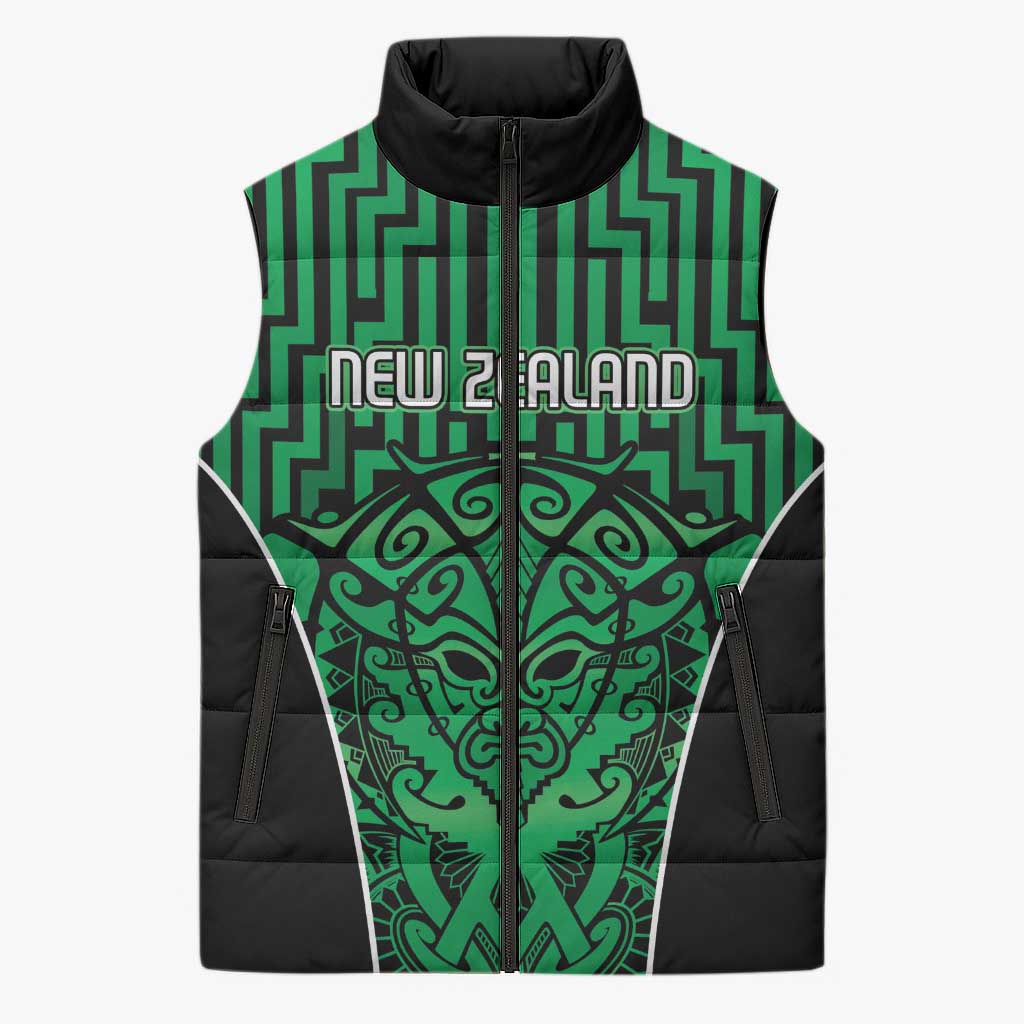 Custom Basketball New Zealand Sleeveless Puffer Jacket Green Maori Ta Moko Indigenous - Polynesian Pride
