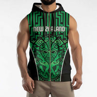Custom Basketball New Zealand Sleeveless Zip Hoodie Green Maori Ta Moko Indigenous - Polynesian Pride