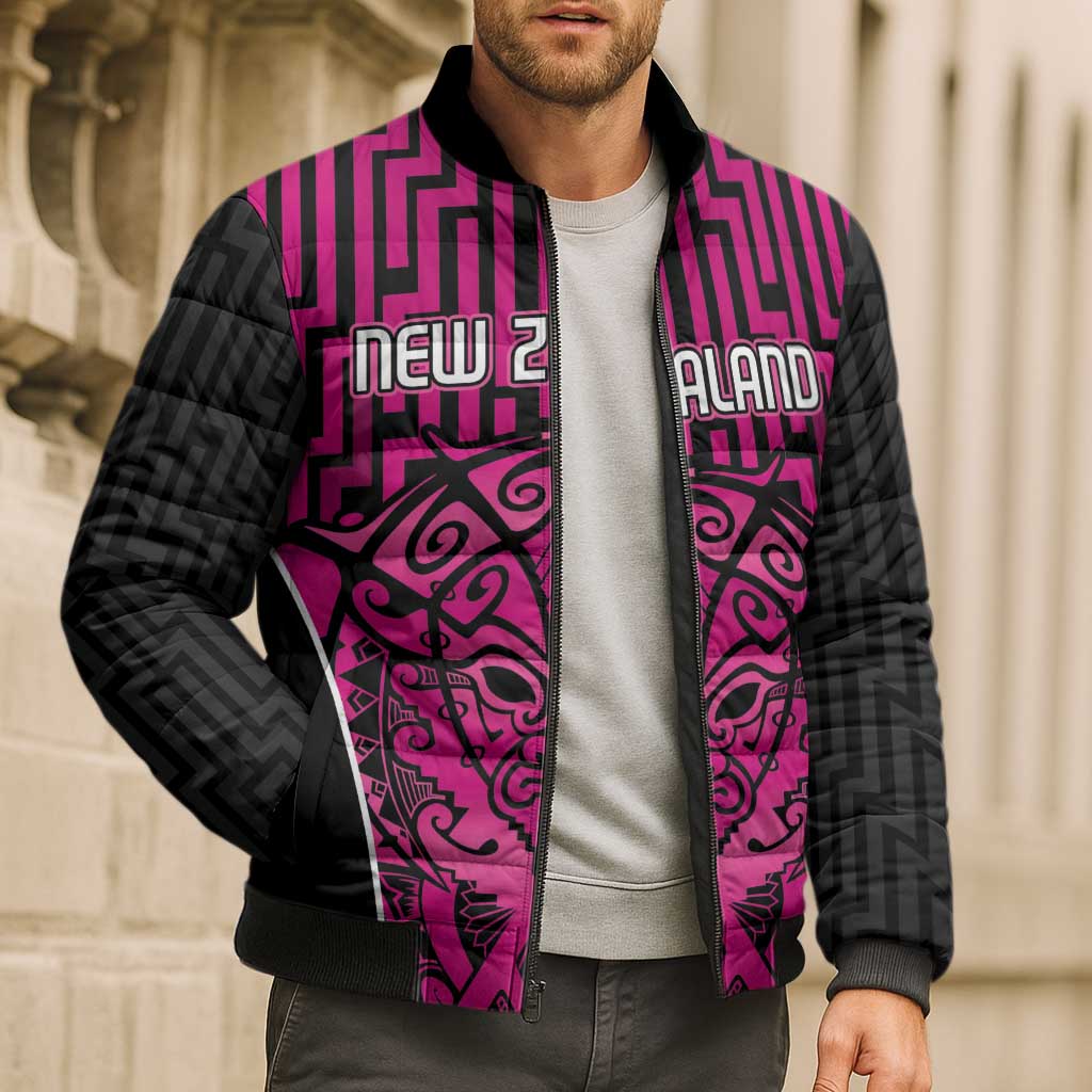 Custom Basketball New Zealand Bomber Puffer Jacket Pink Maori Ta Moko Indigenous - Polynesian Pride