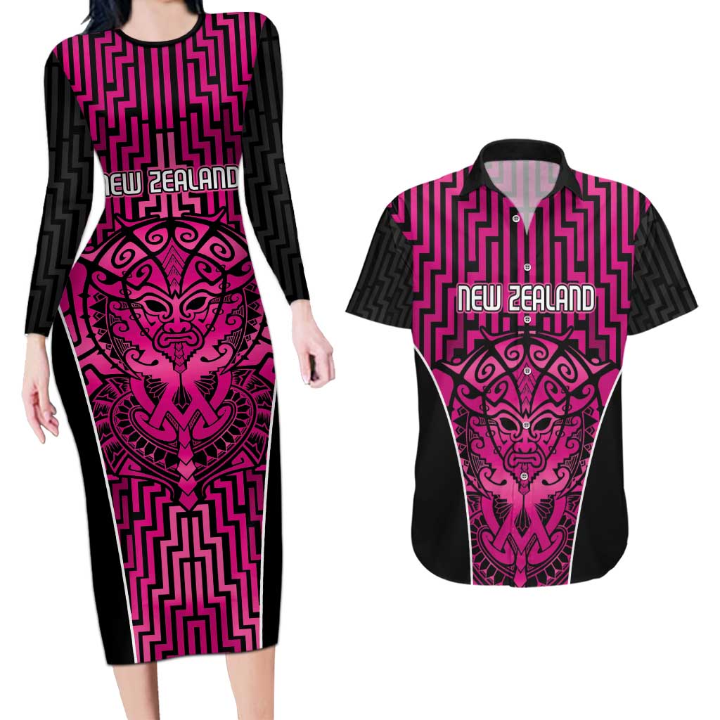 Custom Basketball New Zealand Couples Matching Long Sleeve Bodycon Dress and Hawaiian Shirt Pink Maori Ta Moko Indigenous - Polynesian Pride