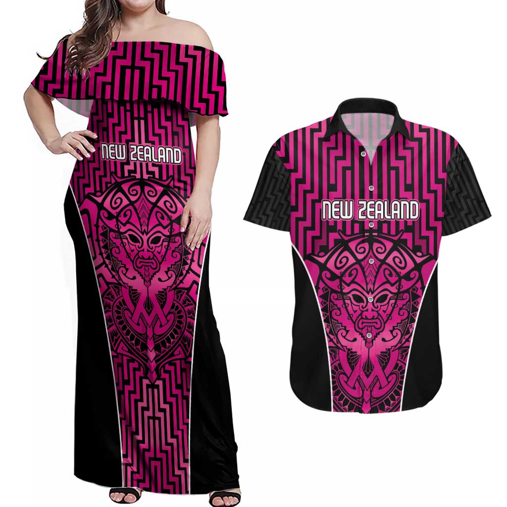 Custom Basketball New Zealand Couples Matching Off Shoulder Maxi Dress and Hawaiian Shirt Pink Maori Ta Moko Indigenous - Polynesian Pride