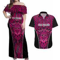 Custom Basketball New Zealand Couples Matching Off Shoulder Maxi Dress and Hawaiian Shirt Pink Maori Ta Moko Indigenous - Polynesian Pride