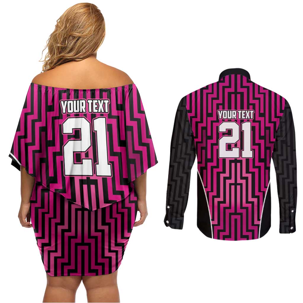 Custom Basketball New Zealand Couples Matching Off Shoulder Short Dress and Long Sleeve Button Shirt Pink Maori Ta Moko Indigenous - Polynesian Pride