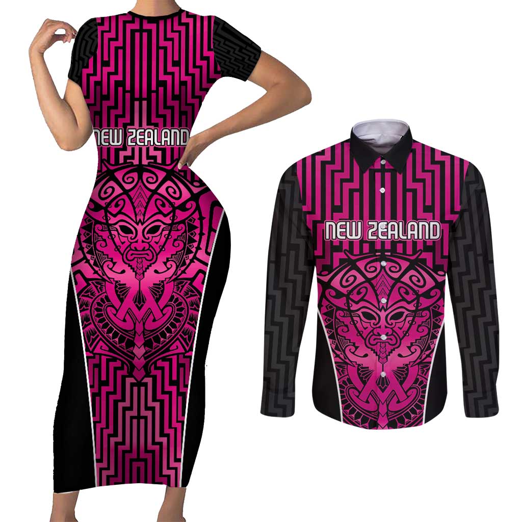 Custom Basketball New Zealand Couples Matching Short Sleeve Bodycon Dress and Long Sleeve Button Shirt Pink Maori Ta Moko Indigenous - Polynesian Pride