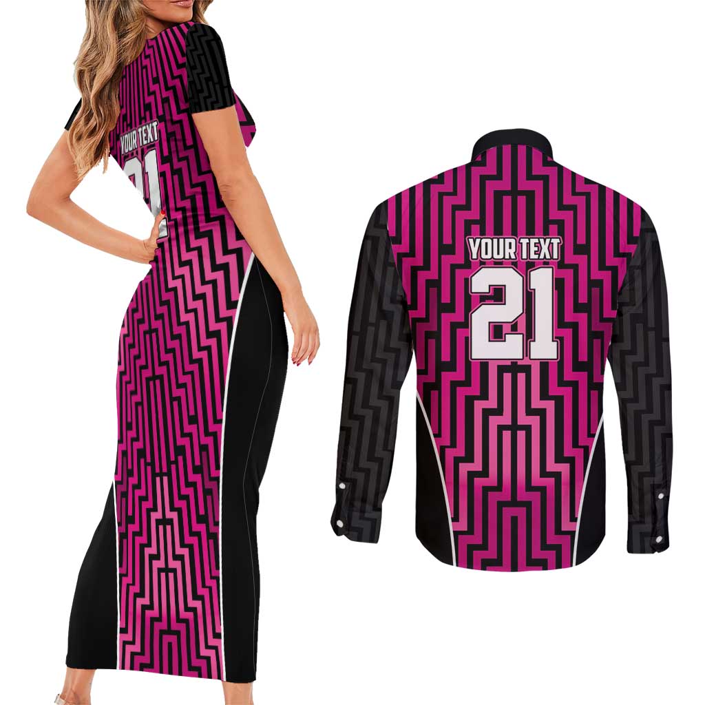 Custom Basketball New Zealand Couples Matching Short Sleeve Bodycon Dress and Long Sleeve Button Shirt Pink Maori Ta Moko Indigenous - Polynesian Pride