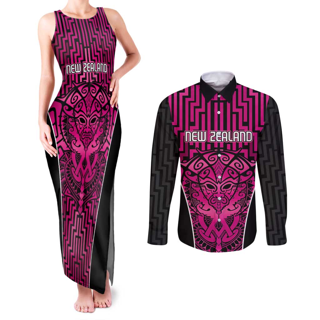 Custom Basketball New Zealand Couples Matching Tank Maxi Dress and Long Sleeve Button Shirt Pink Maori Ta Moko Indigenous - Polynesian Pride