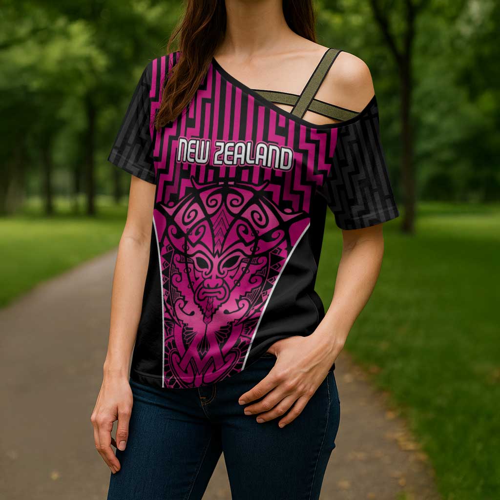 Custom Basketball New Zealand Cross Shoulder Shirt Pink Maori Ta Moko Indigenous - Polynesian Pride