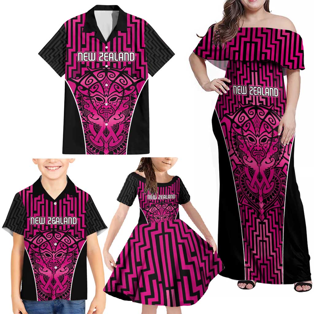 Custom Basketball New Zealand Family Matching Off Shoulder Maxi Dress and Hawaiian Shirt Pink Maori Ta Moko Indigenous - Polynesian Pride