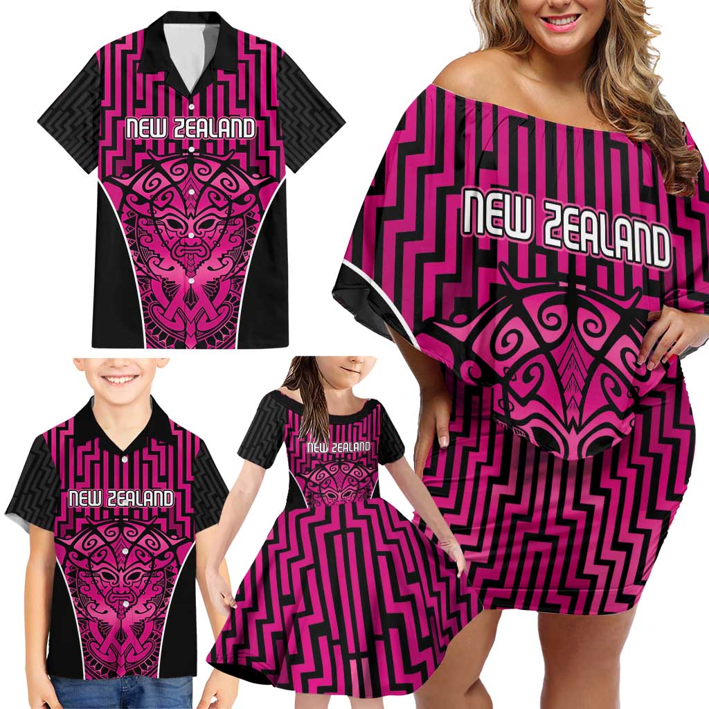 Custom Basketball New Zealand Family Matching Off Shoulder Short Dress and Hawaiian Shirt Pink Maori Ta Moko Indigenous - Polynesian Pride