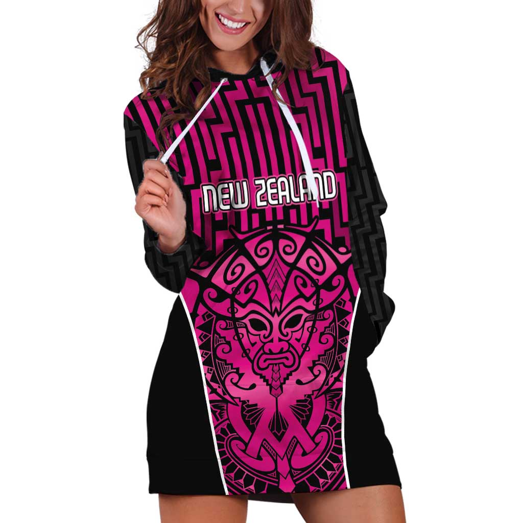 Custom Basketball New Zealand Hoodie Dress Pink Maori Ta Moko Indigenous - Polynesian Pride