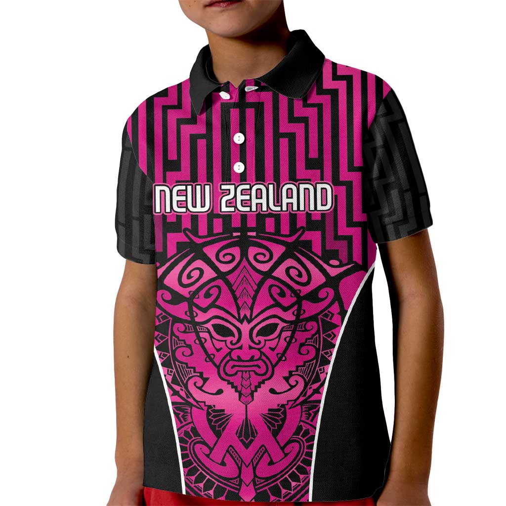 Custom Basketball New Zealand Kid Polo Shirt Pink Maori Ta Moko Indigenous - Polynesian Pride