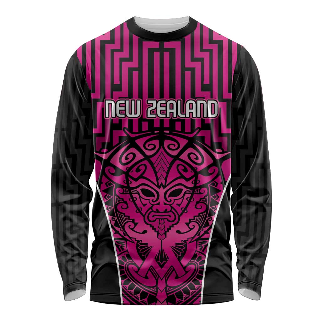 Custom Basketball New Zealand Long Sleeve Shirt Pink Maori Ta Moko Indigenous - Polynesian Pride