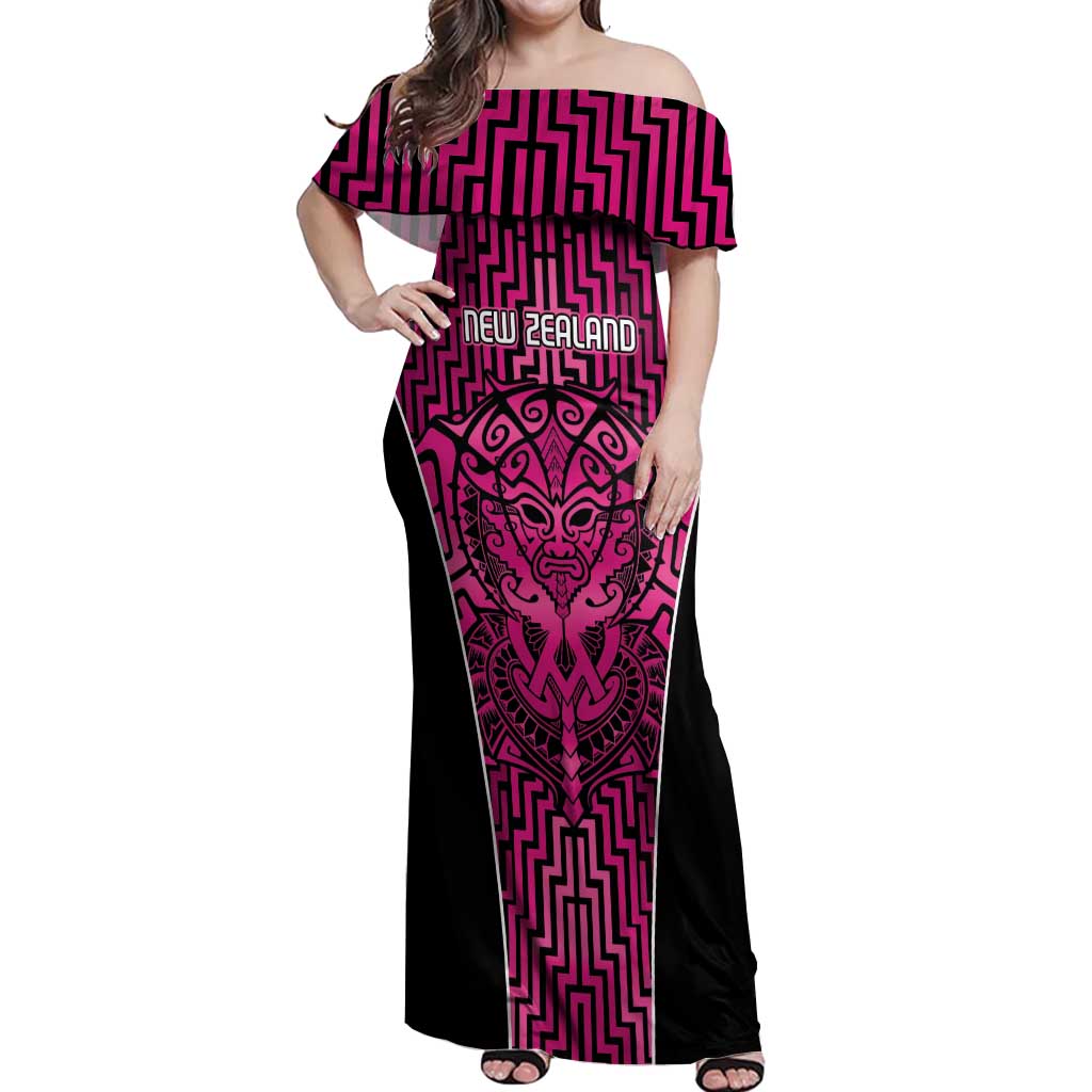 Custom Basketball New Zealand Off Shoulder Maxi Dress Pink Maori Ta Moko Indigenous - Polynesian Pride