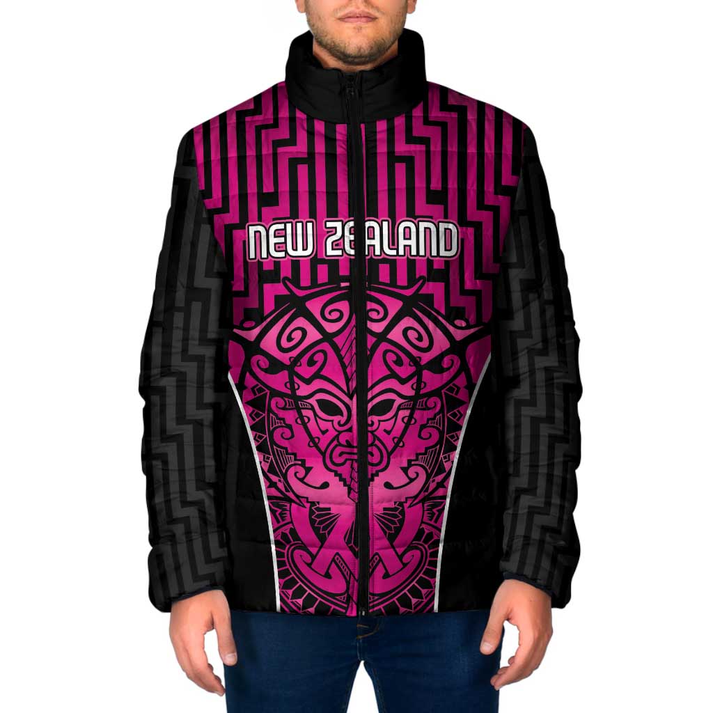Custom Basketball New Zealand Padded Jacket Pink Maori Ta Moko Indigenous - Polynesian Pride