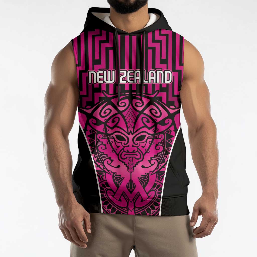 Custom Basketball New Zealand Sleeveless Hoodie Pink Maori Ta Moko Indigenous - Polynesian Pride