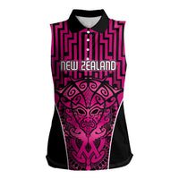 Custom Basketball New Zealand Women Sleeveless Polo Shirt Pink Maori Ta Moko Indigenous - Polynesian Pride