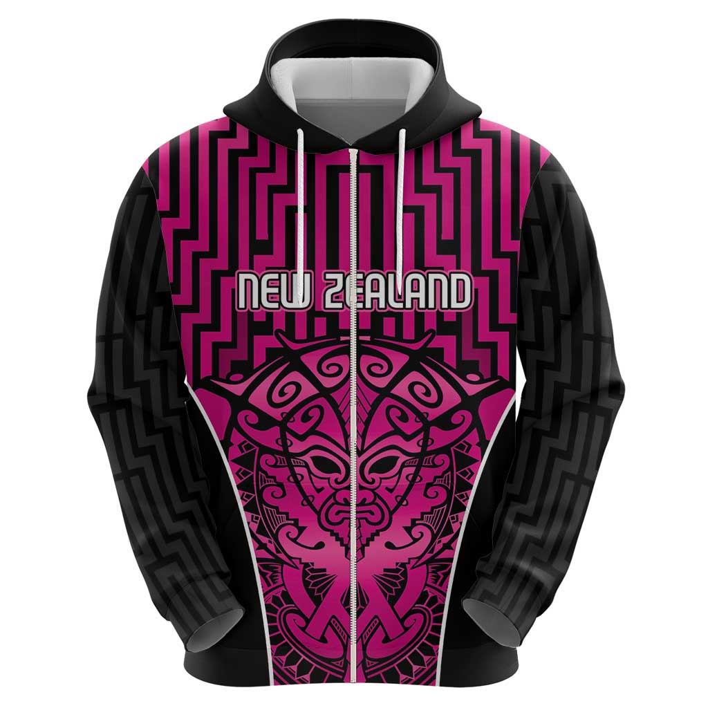 Custom Basketball New Zealand Zip Hoodie Pink Maori Ta Moko Indigenous - Polynesian Pride