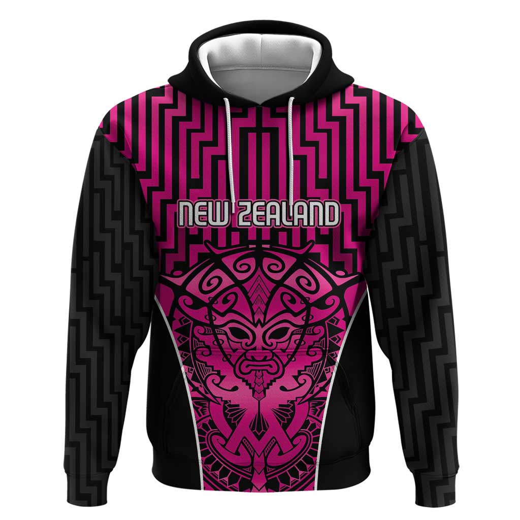 Custom Basketball New Zealand Zip Hoodie Pink Maori Ta Moko Indigenous - Polynesian Pride