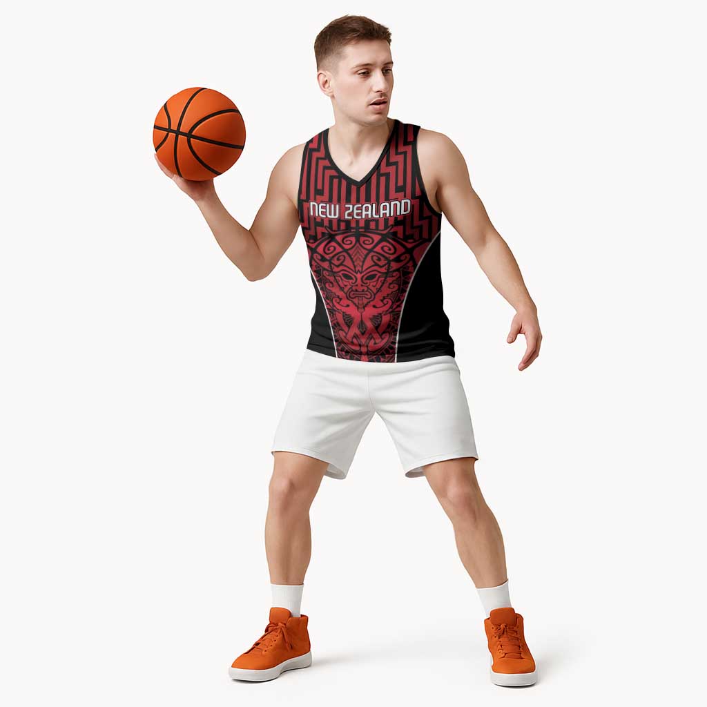 Custom Basketball New Zealand Basketball Jersey Red Maori Ta Moko Indigenous - Polynesian Pride