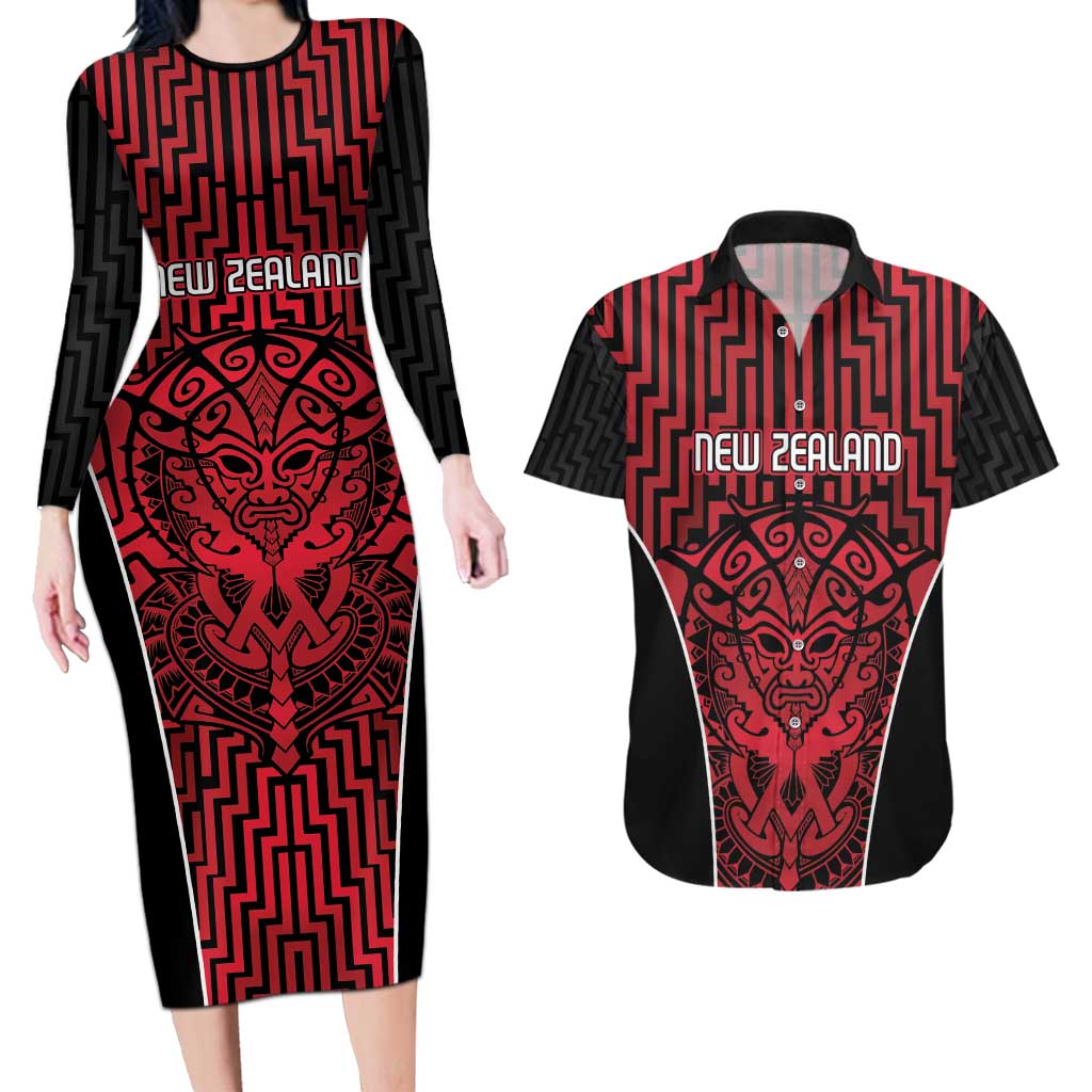 Custom Basketball New Zealand Couples Matching Long Sleeve Bodycon Dress and Hawaiian Shirt Red Maori Ta Moko Indigenous - Polynesian Pride