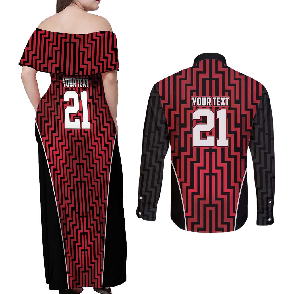 Custom Basketball New Zealand Couples Matching Off Shoulder Maxi Dress and Long Sleeve Button Shirt Red Maori Ta Moko Indigenous - Polynesian Pride