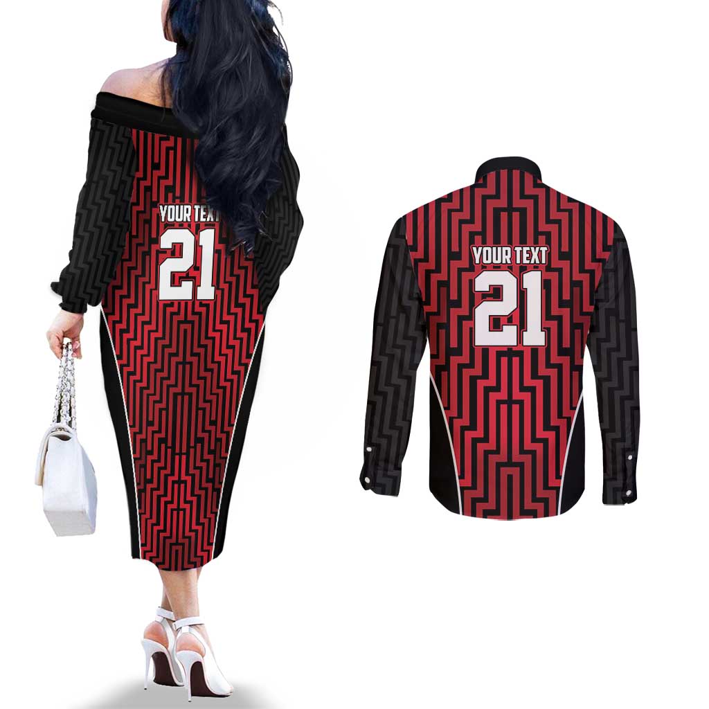 Custom Basketball New Zealand Couples Matching Off The Shoulder Long Sleeve Dress and Long Sleeve Button Shirt Red Maori Ta Moko Indigenous - Polynesian Pride