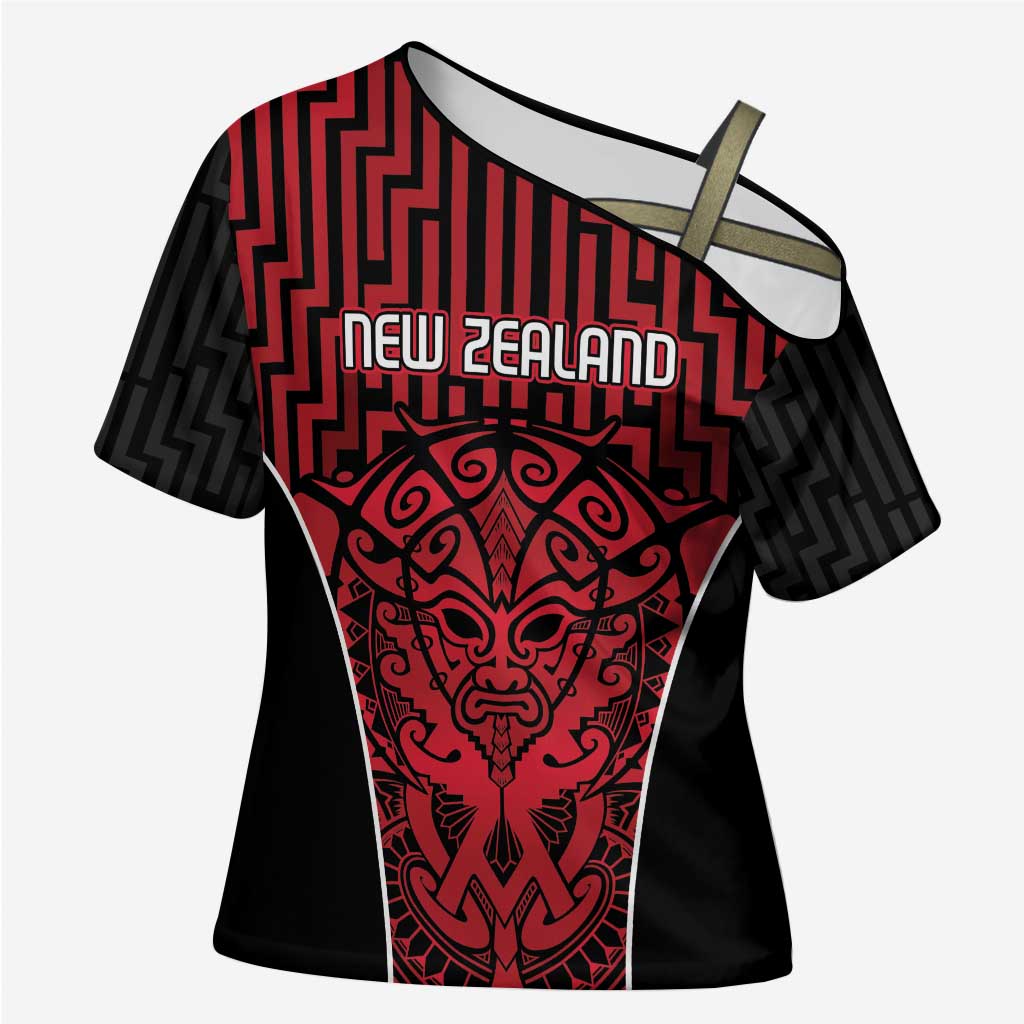 Custom Basketball New Zealand Cross Shoulder Shirt Red Maori Ta Moko Indigenous - Polynesian Pride