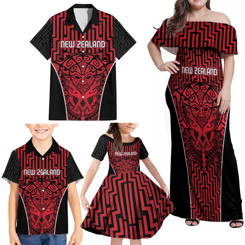 Custom Basketball New Zealand Family Matching Off Shoulder Maxi Dress and Hawaiian Shirt Red Maori Ta Moko Indigenous - Polynesian Pride