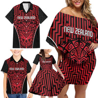 Custom Basketball New Zealand Family Matching Off Shoulder Short Dress and Hawaiian Shirt Red Maori Ta Moko Indigenous - Polynesian Pride