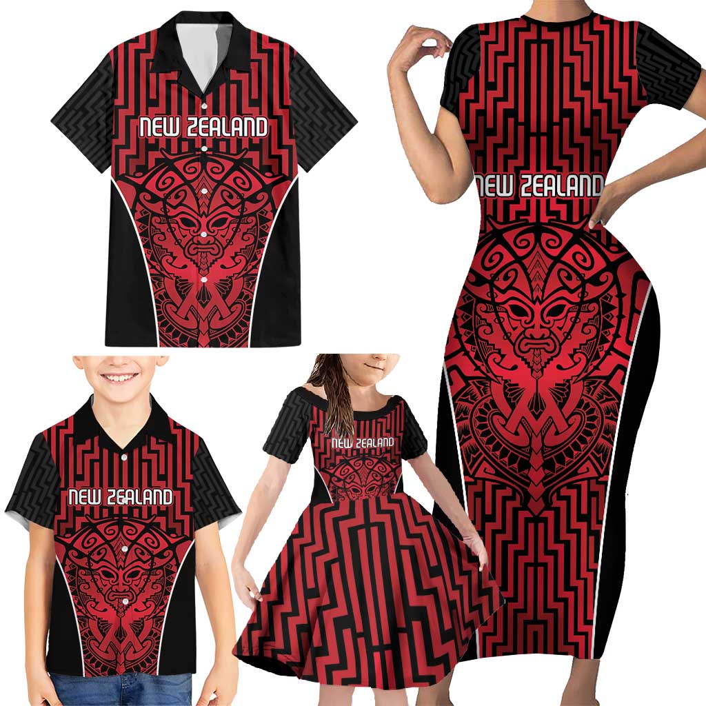 Custom Basketball New Zealand Family Matching Short Sleeve Bodycon Dress and Hawaiian Shirt Red Maori Ta Moko Indigenous - Polynesian Pride