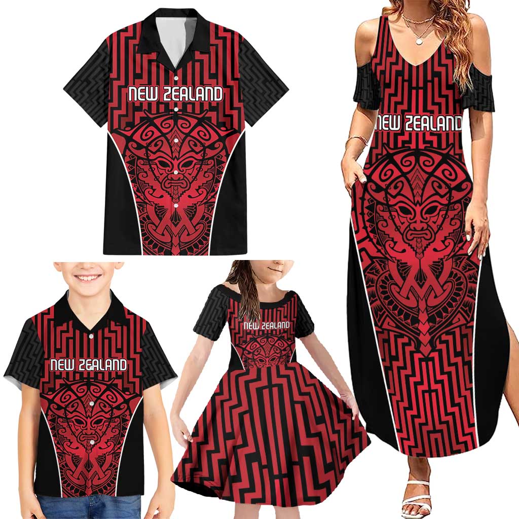Custom Basketball New Zealand Family Matching Summer Maxi Dress and Hawaiian Shirt Red Maori Ta Moko Indigenous - Polynesian Pride
