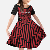 Custom Basketball New Zealand Kid Short Sleeve Dress Red Maori Ta Moko Indigenous - Polynesian Pride