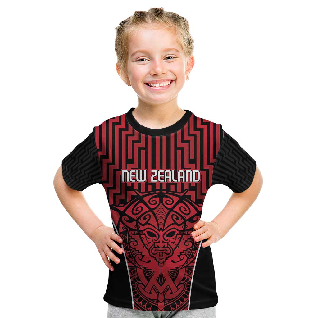 Custom Basketball New Zealand Kid T Shirt Red Maori Ta Moko Indigenous - Polynesian Pride