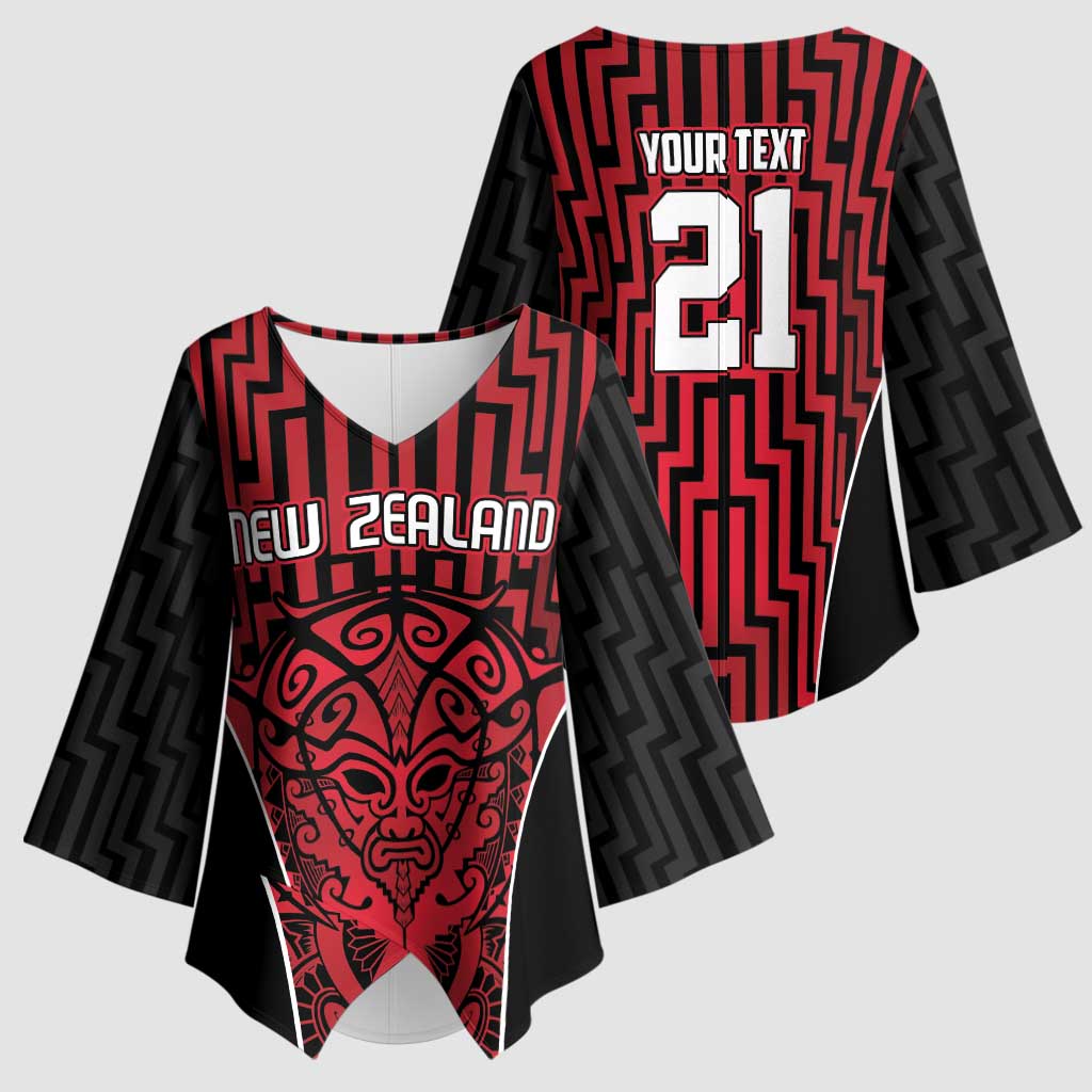 Custom Basketball New Zealand Kimono Sleeve Blouse Red Maori Ta Moko Indigenous - Polynesian Pride